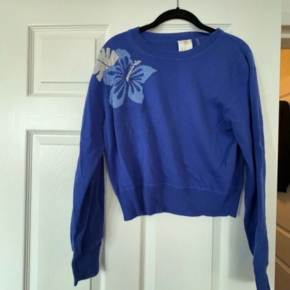 NWT The Westside Hibiscus Intarsia crew neck sweater in bright blue. - Picture 1 of 5